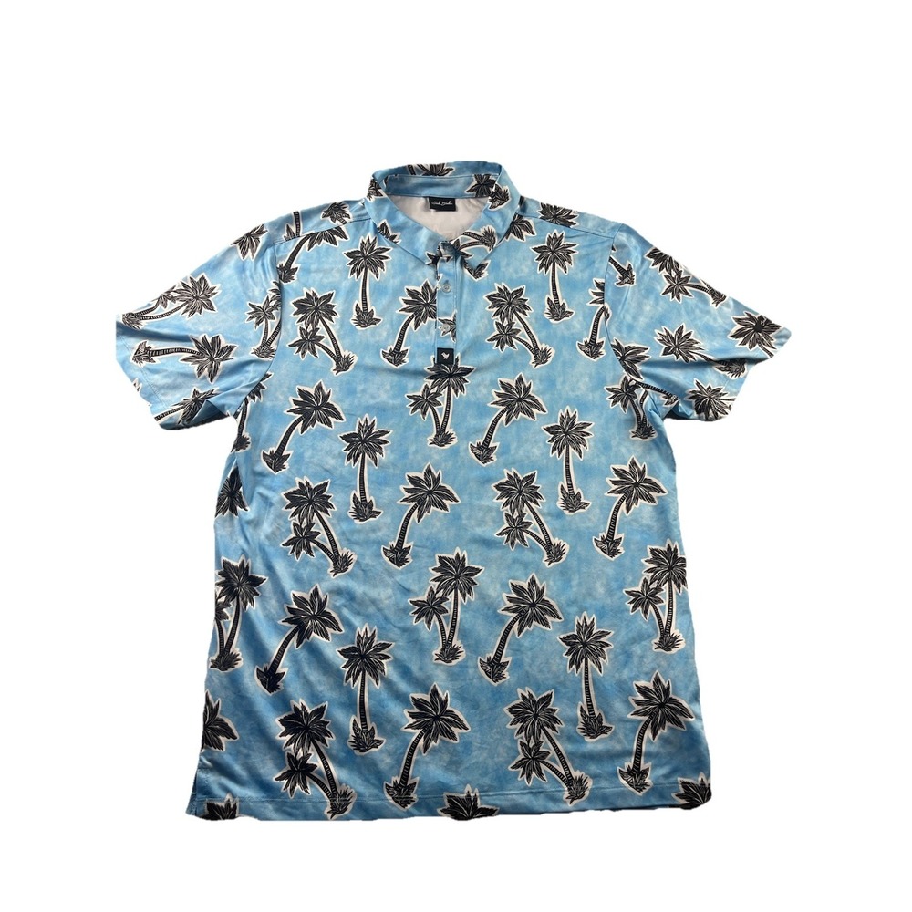 Bad Birdie Golf Polo Shirt Blue Palm Trees AOP Performance Miami Men's L/XL‎